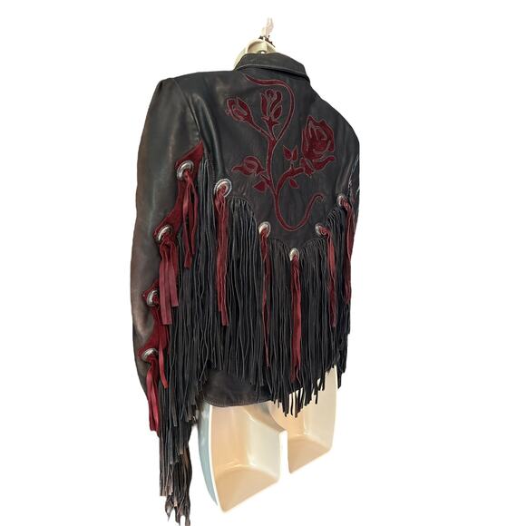 Vintage Dallas Leather Fringe Jacket Brown w/ Burgundy Rose Embroidery Size 10 - Picture 4 of 12